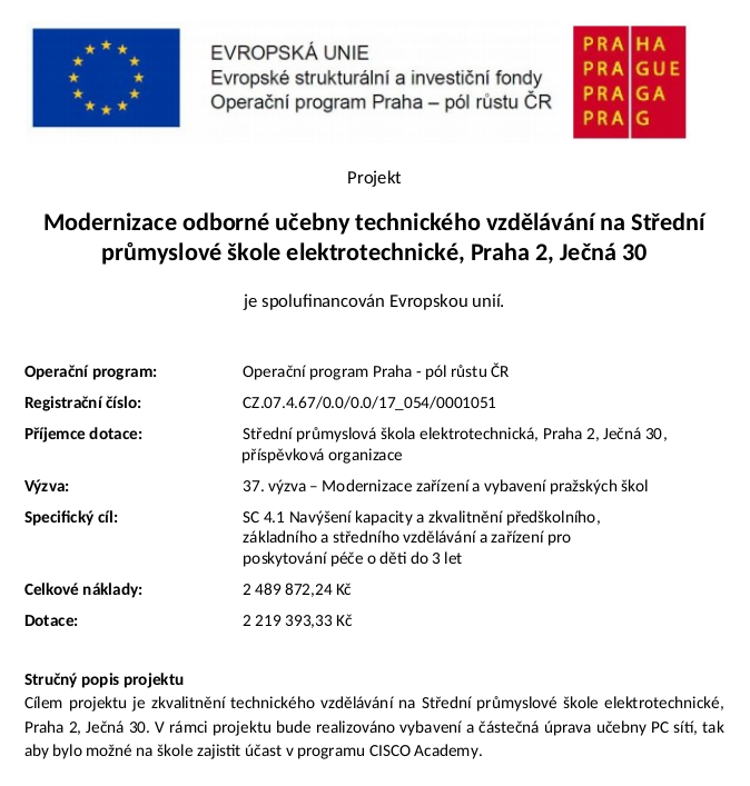 Projekt Modernizace odborné učebny technického vzdělávání je spolufinancován Evropskou unií. ŠABLONY 2 PRO SPŠE JEČNÁ